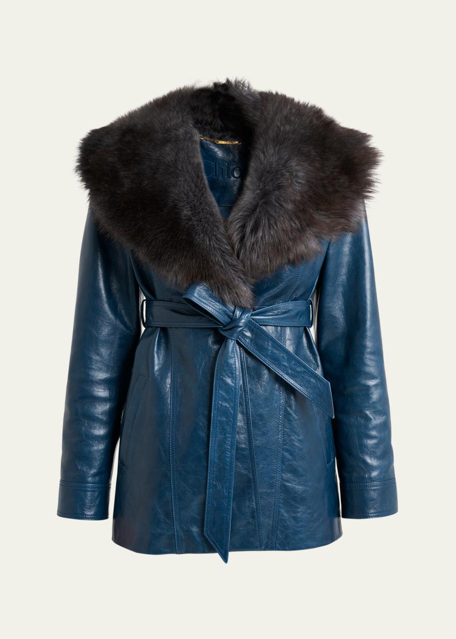 Chloe Lamb Shearling Collar Shiny Leather Short Wrap Coat