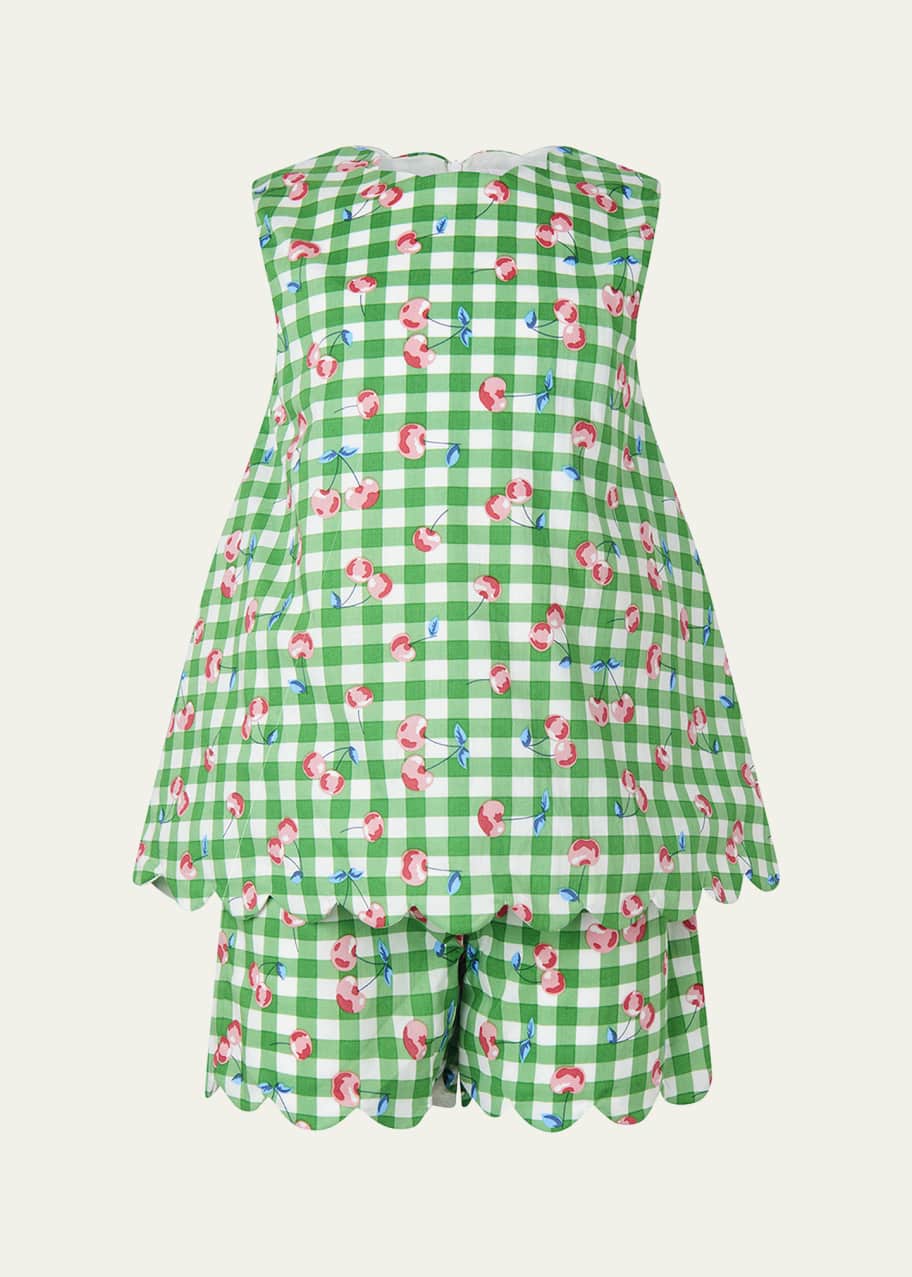 Image 1 of 1: Girl's Gingham Cherry-Print Scalloped Top & Short Set, Size 2-10
