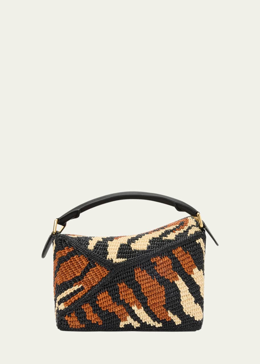 Image 1 of 1: Puzzle Edge Small Top-Handle Bag in Raffia and Leather