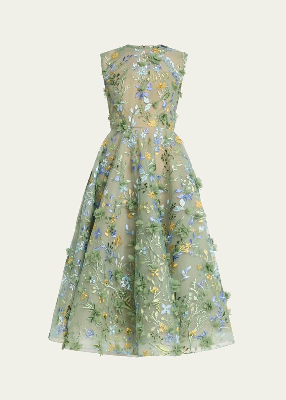 Image 1 of 1: Saba Sleeveless Floral-Embroidered Midi Dress