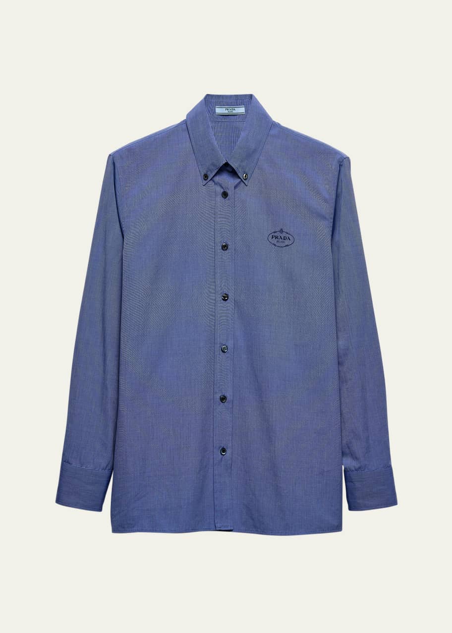 Prada Logo Embroidered Fil-a-Fil Shirt - Bergdorf Goodman Prada Logo Embroidered Fil-a-Fil Shirt - Bergdorf Goodman