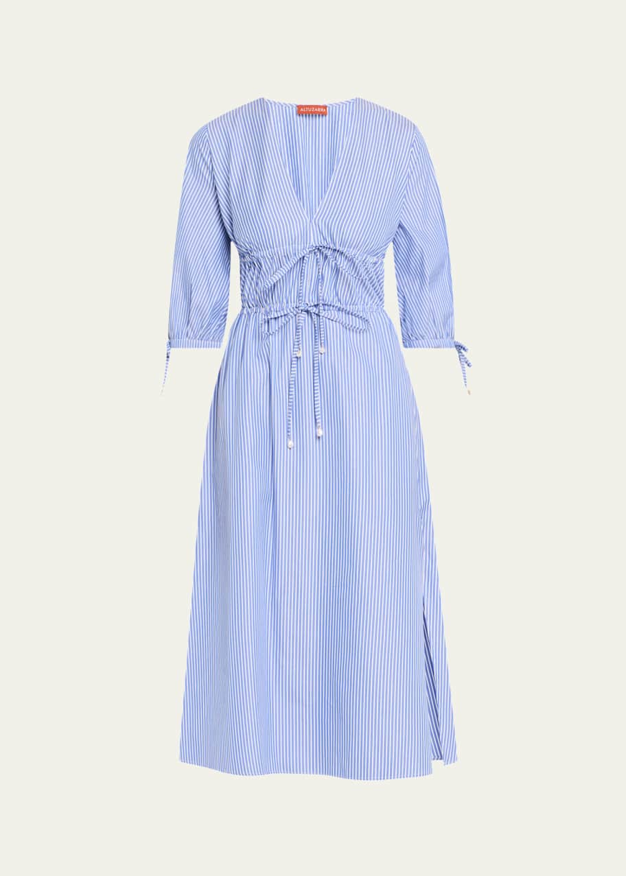 Image 1 of 1: Donrine V-Neck Striped 3/4-Sleeve Midi Dress