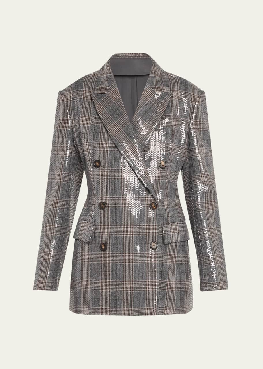 Image 1 of 1: Glam Check Sequined Double-Breasted Blazer