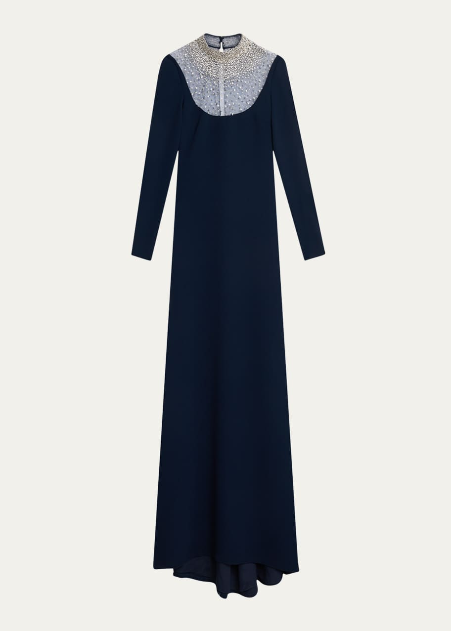 Image 1 of 1: Crystal Beaded Crepe Long-Sleeve Illusion Gown