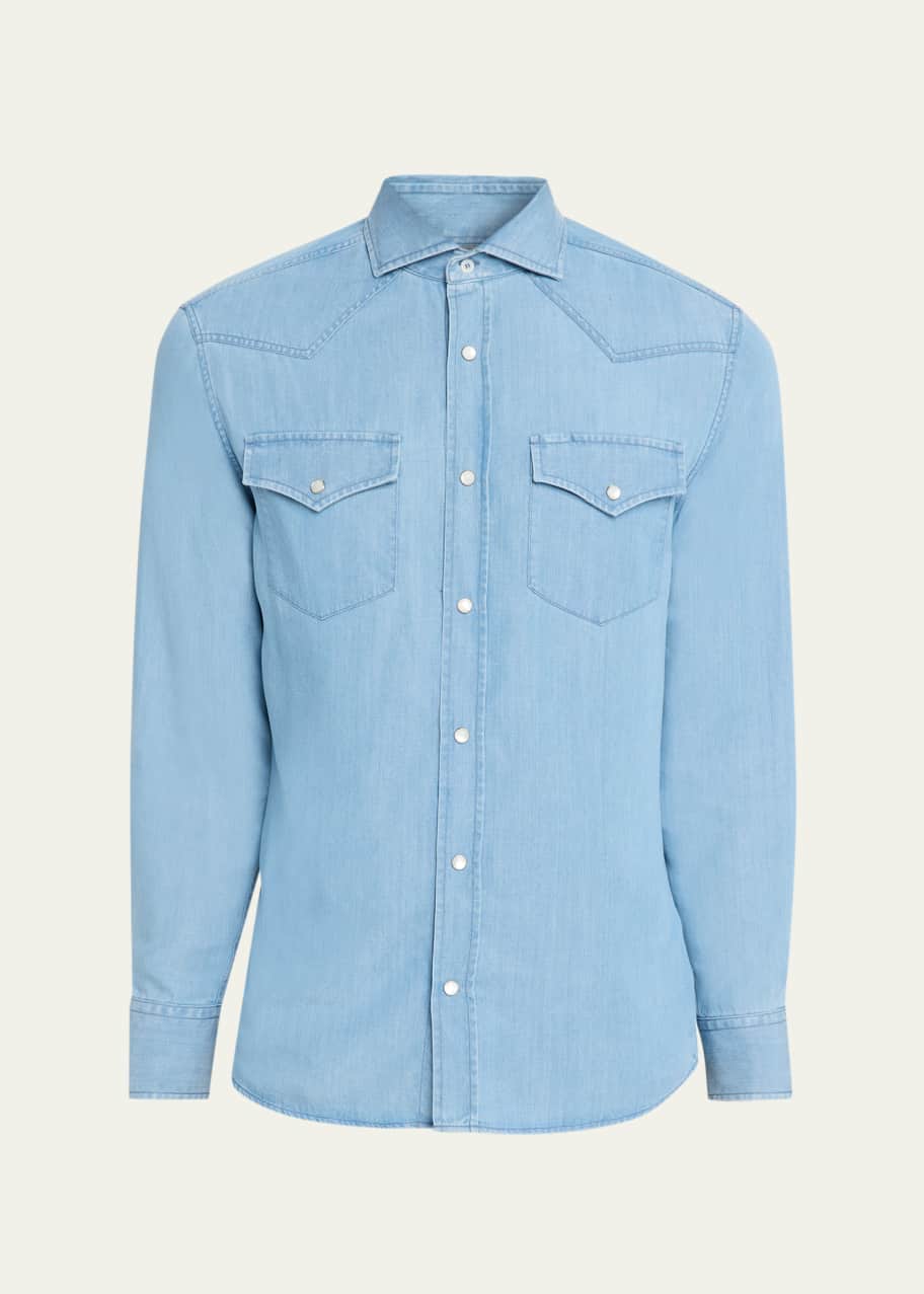 Brunello Cucinelli Mens Lightweight Denim Western Shirt - Bergdorf