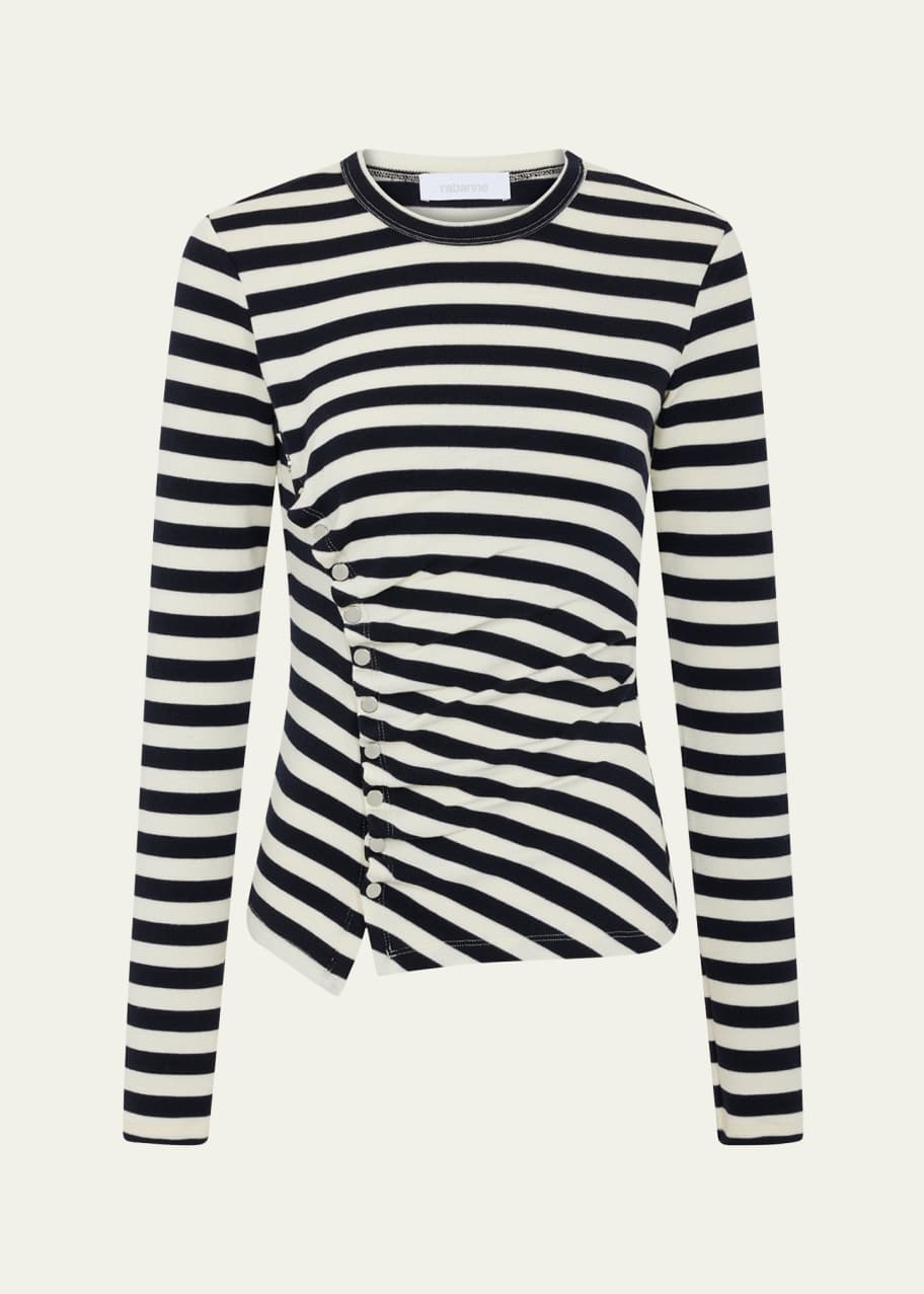 Image 1 of 1: Ruched Striped Long-Sleeve Top