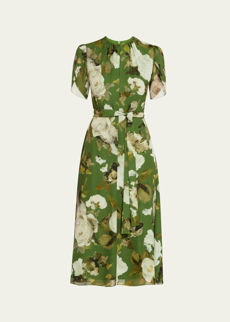 Image 1 of 1: Floral Silk Short-Sleeve Belted Midi Dress