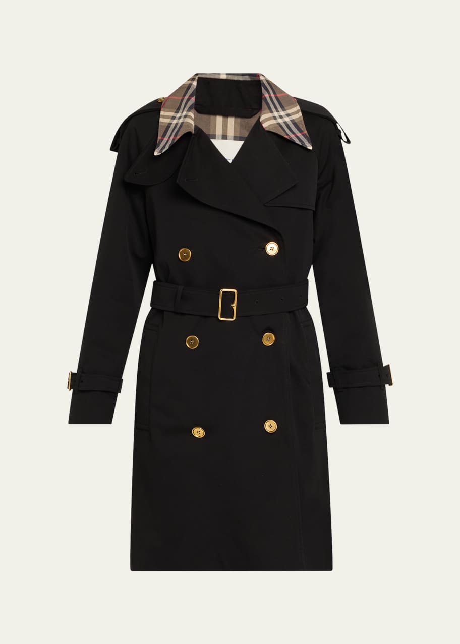 Burberry Castleford Check-Collar Belted Short Trench Coat