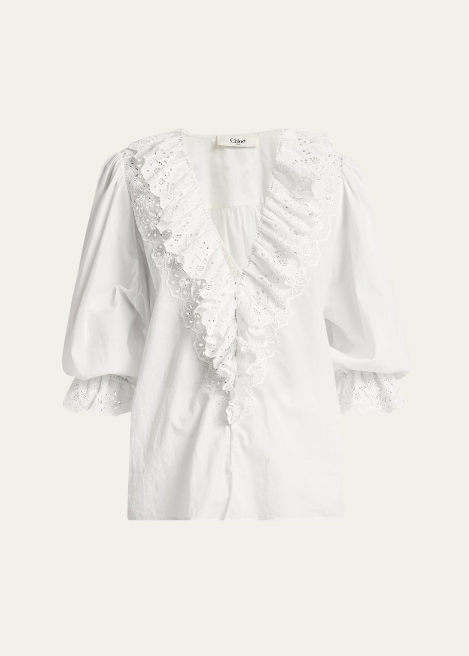 Chloe Eyelet-Embroidered Ruffle Cotton Voile Blouse - Bergdorf Goodman