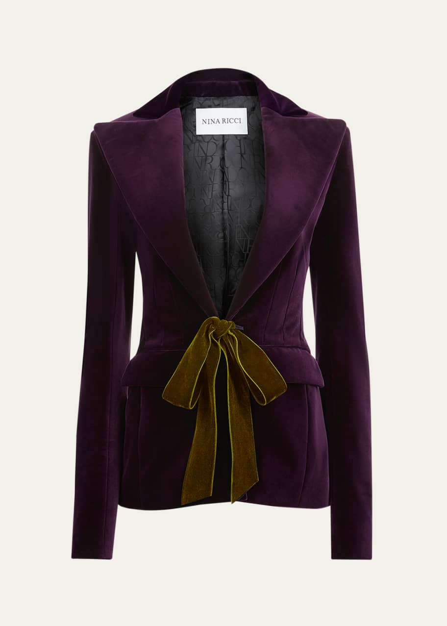 Image 1 of 1: Velvet Bow Single-Breasted Blazer