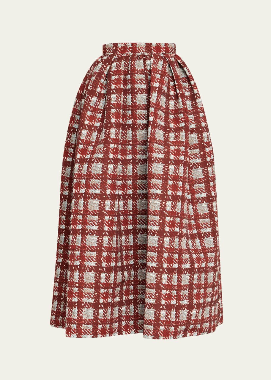 Oscar de la Renta Textured Plaid-Print Pleated Midi Circle Skirt