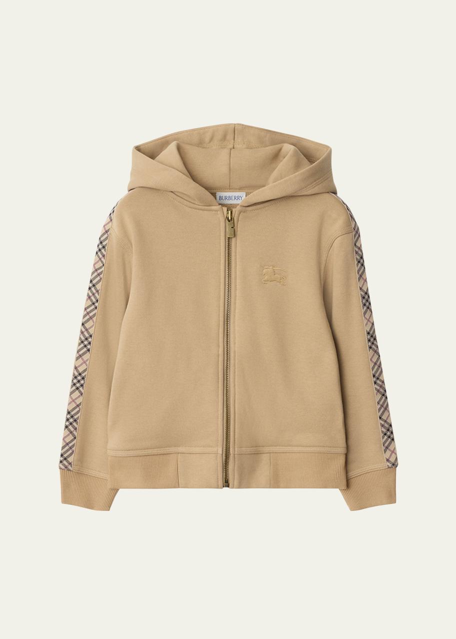 Burberry Boy's Clyde Check Tape Zip-Front Hoodie, Size 3-14