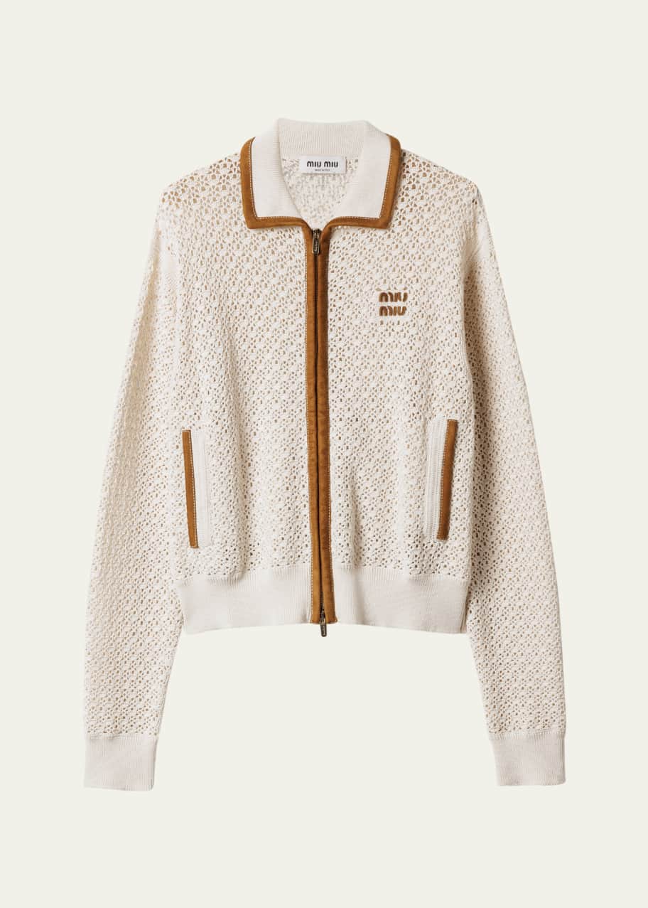Miu Miu Suede-Trim Cotton Crochet Pelle Zip Cardigan - Bergdorf