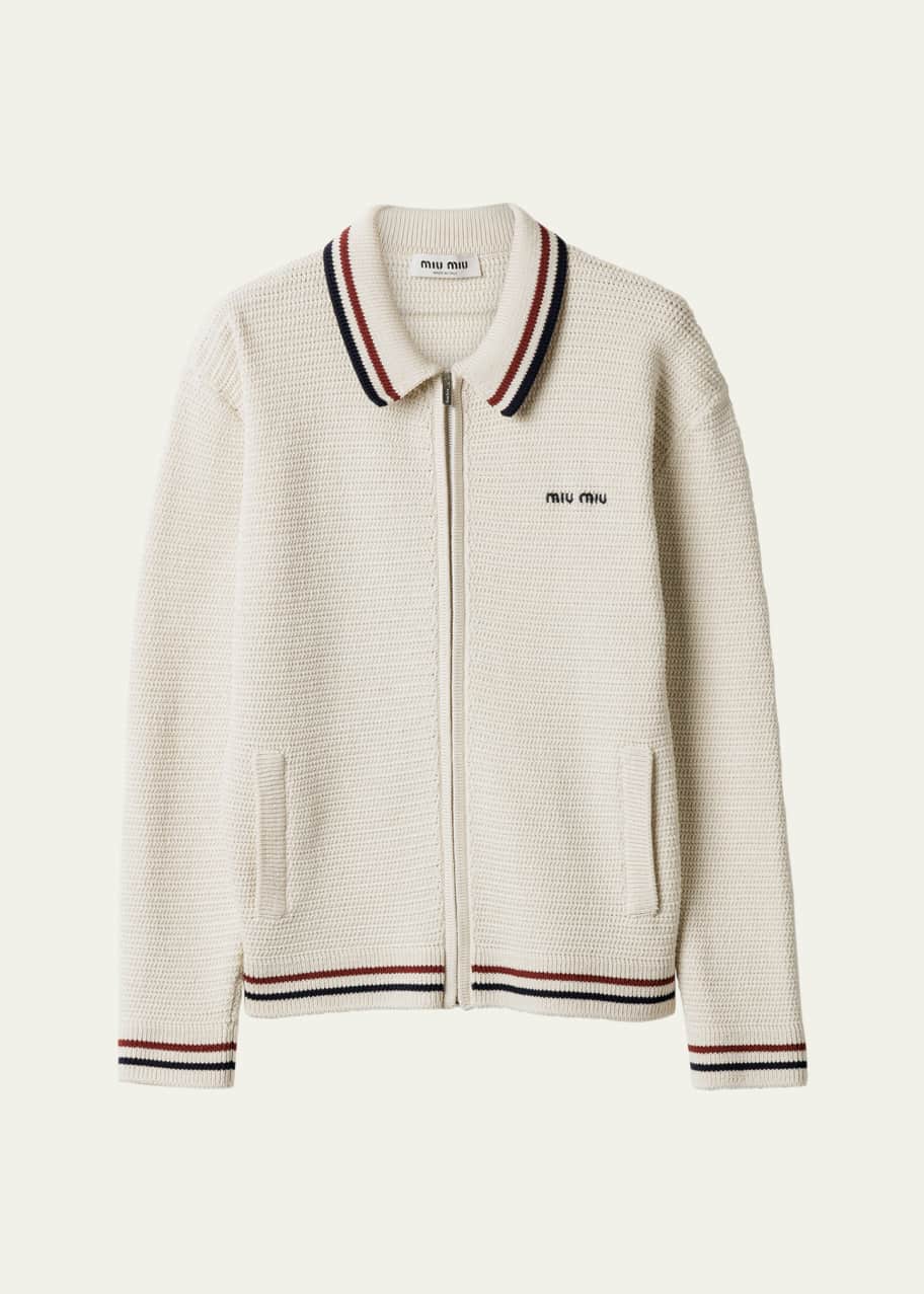 Miu Miu Striped-Trim Cotton Crochet Zip Cardigan - Bergdorf Goodman