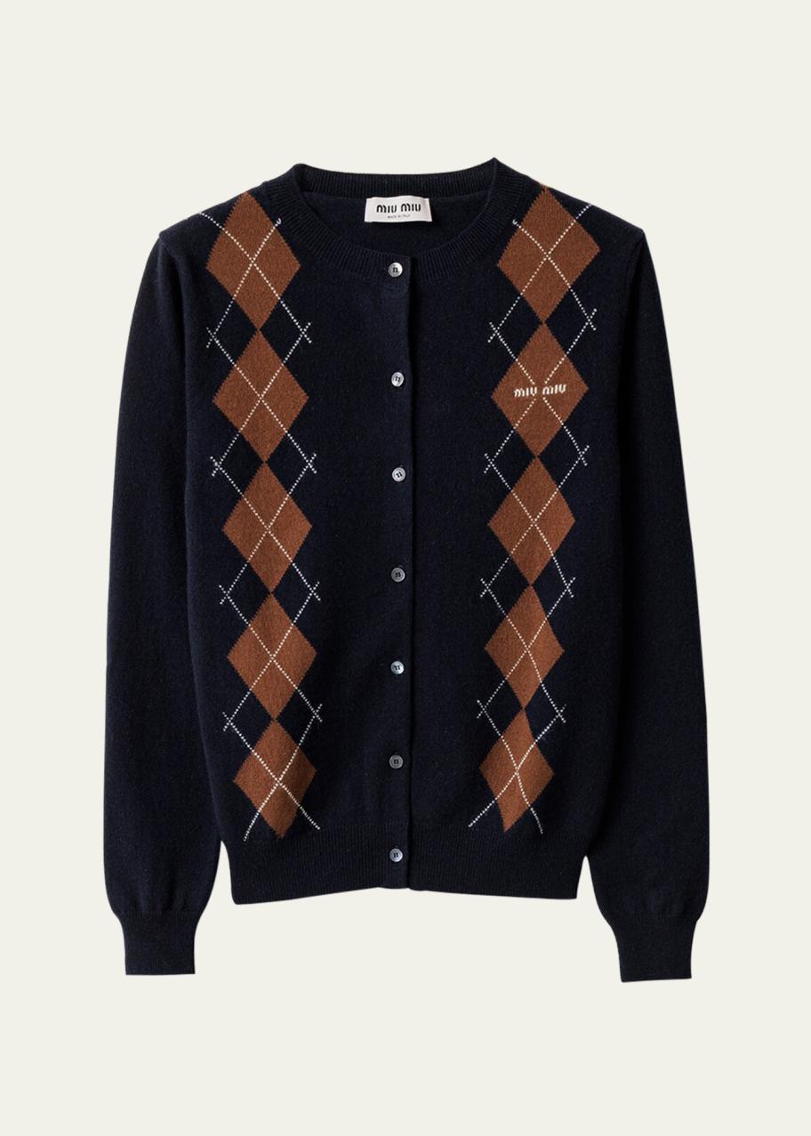 Miu Miu Cashmere Argyle Crewneck Cardigan - Bergdorf Goodman