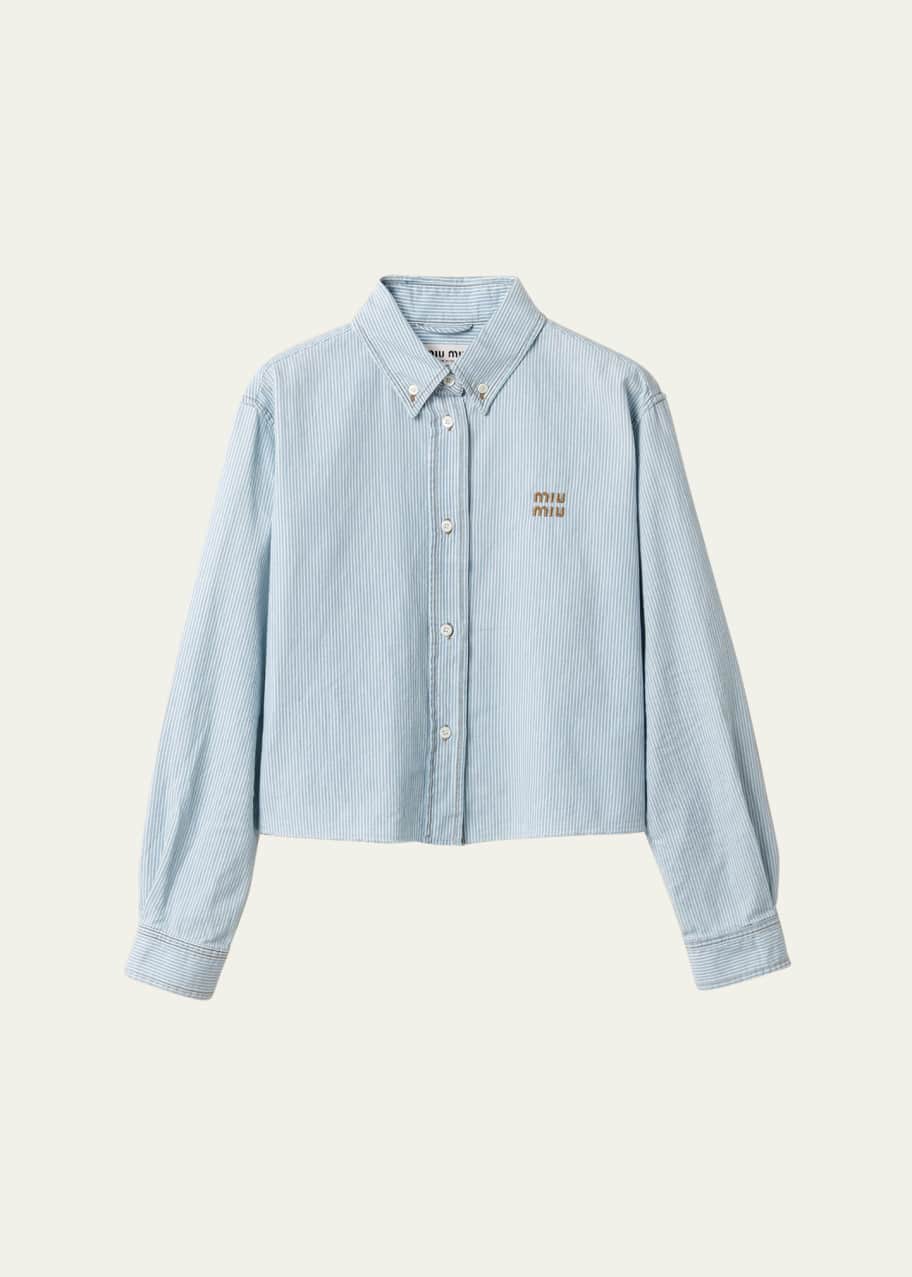 Miu Miu Chambray Riga Long-Sleeve Crop Button-Down Shirt