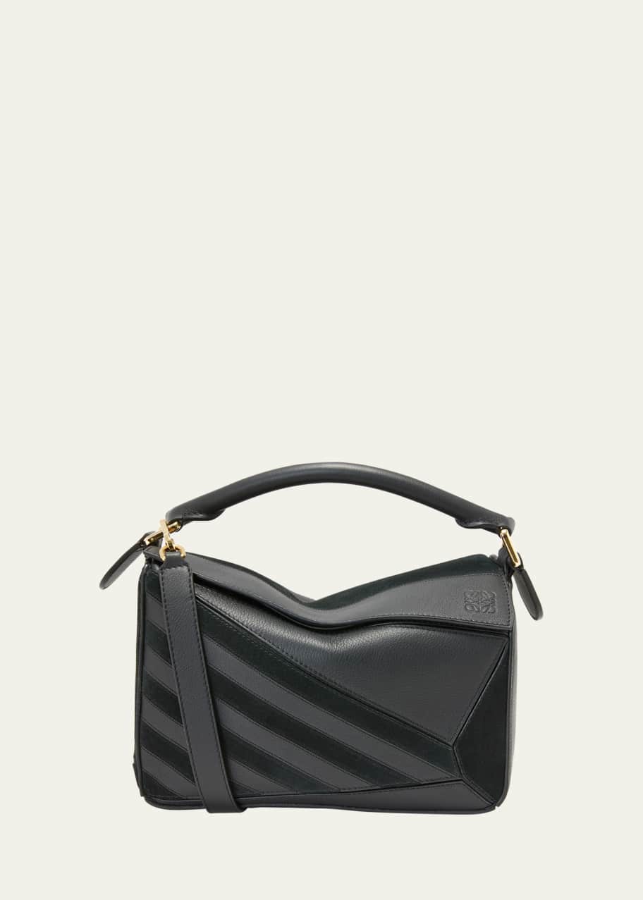 Image 1 of 1: Puzzle Small Striped Top-Handle Bag in Leather & Suede