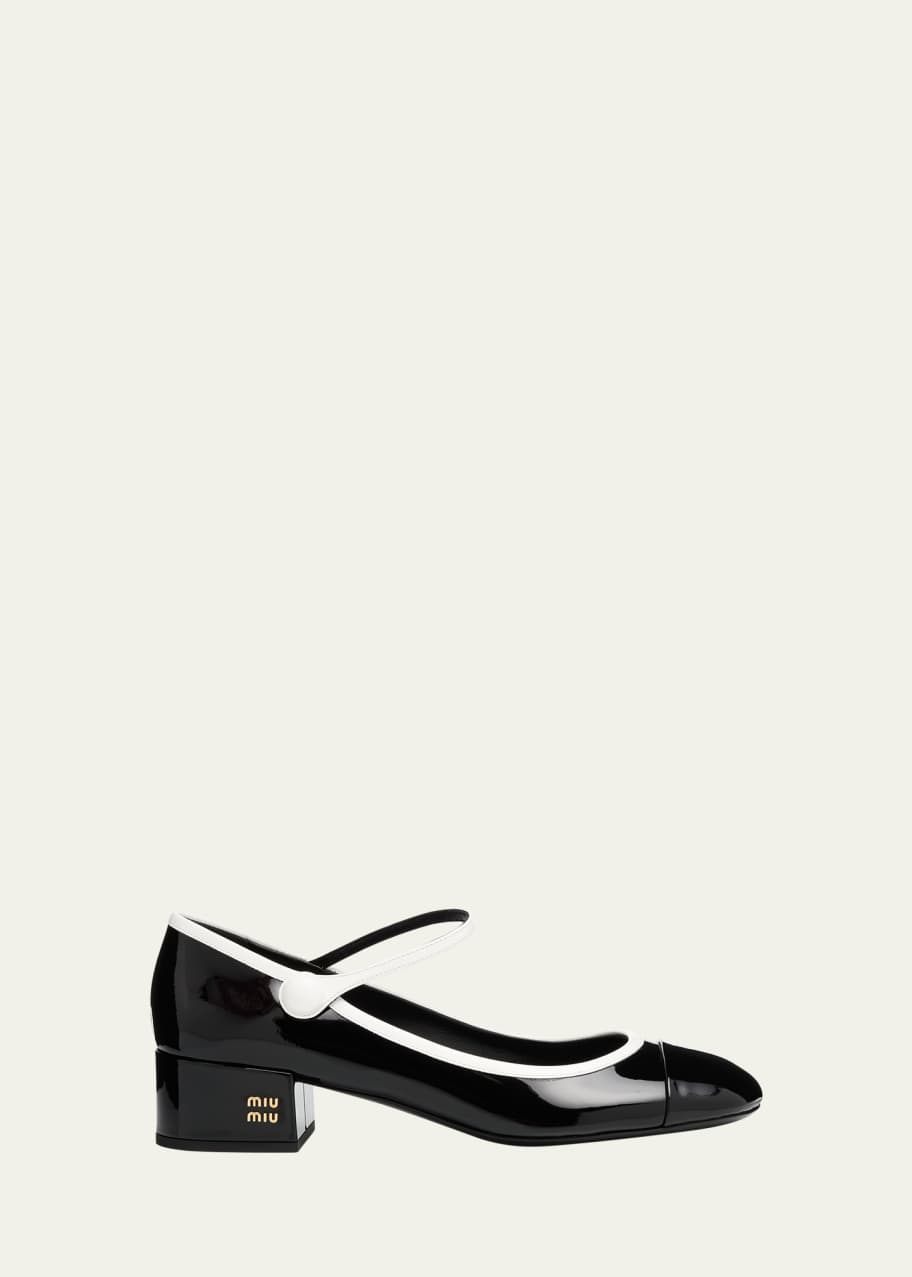 Miu Miu Bicolor Patent Leather Block-Heel Mary Jane Pumps