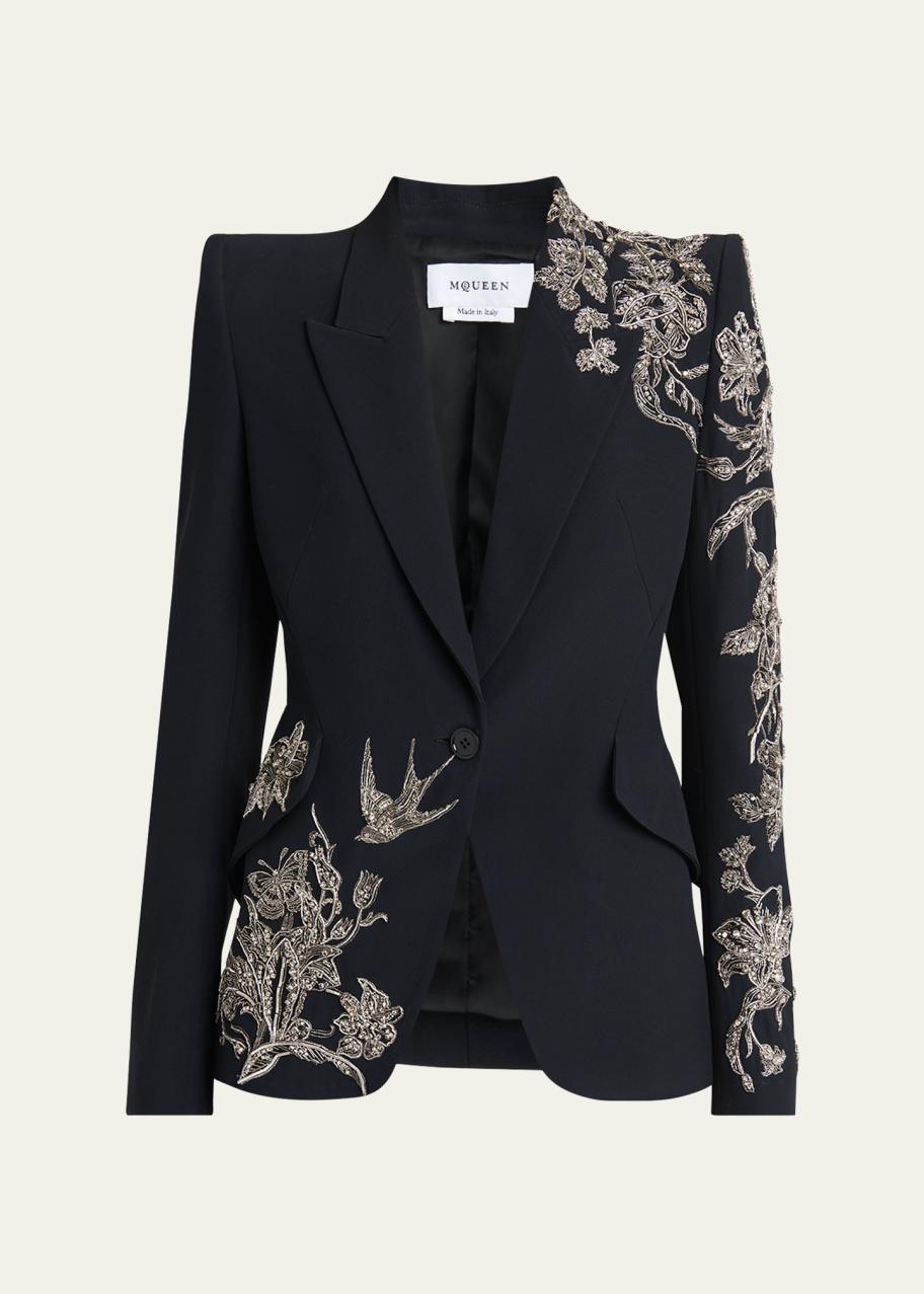 McQueen Crystal Embroidered Single-Breasted Blazer Jacket