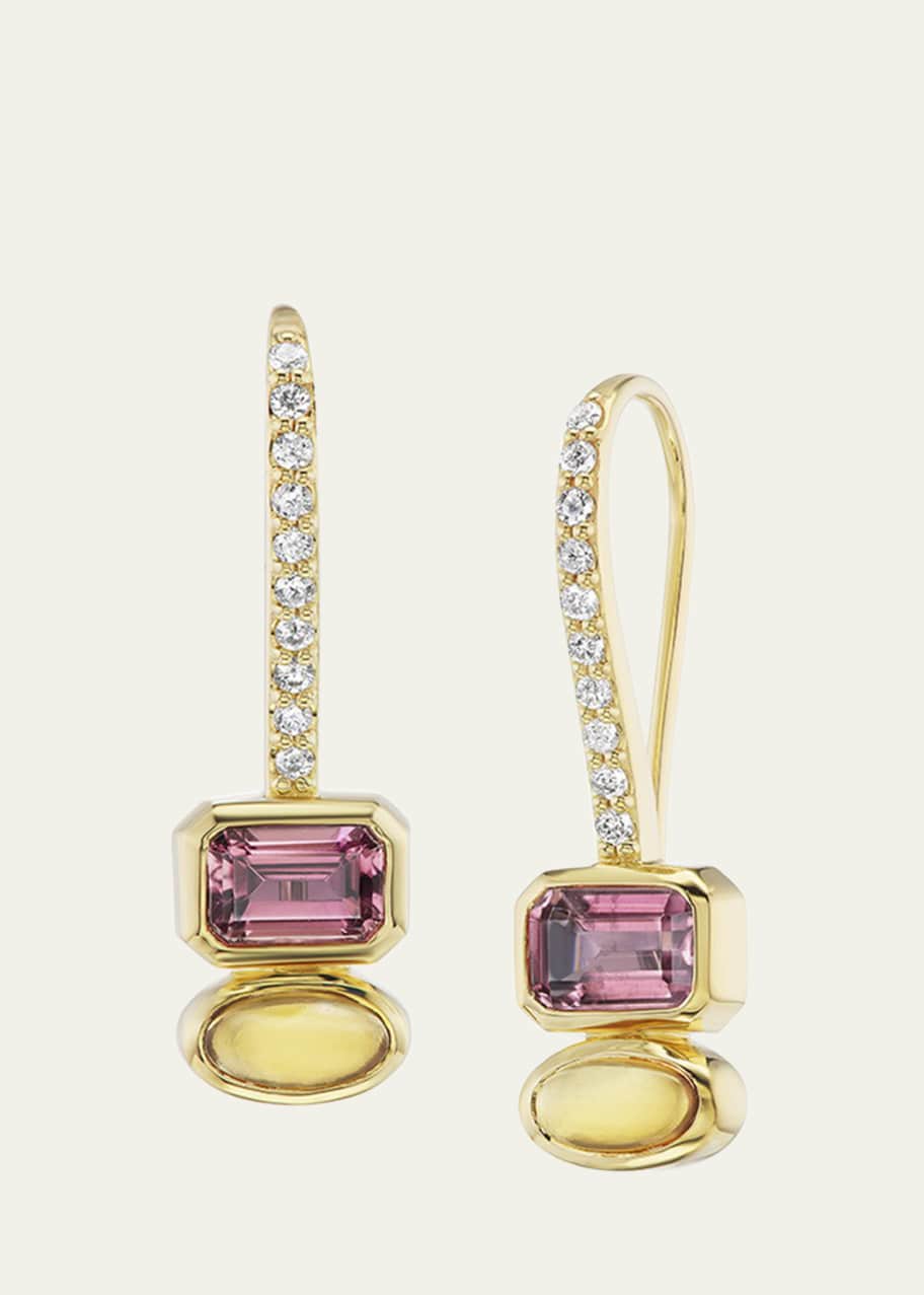 Image 1 of 1: 14K Yellow Gold Pink Tourmaline and Citrine Two Stone Drop Earrings on French Hooks