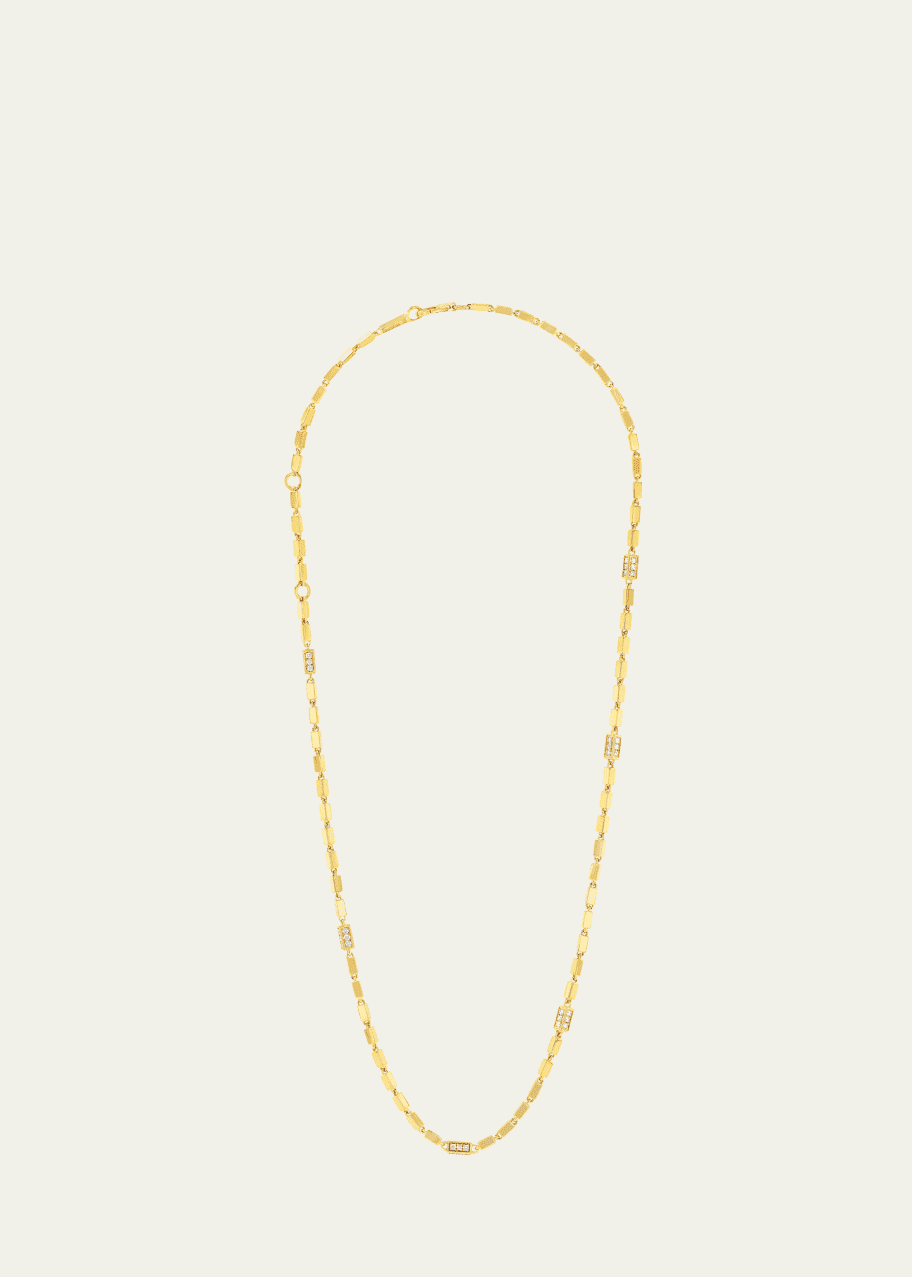 Image 1 of 1: 18K Yellow Gold Block Chain Medium 6 Pave Diamond Station Links Necklace