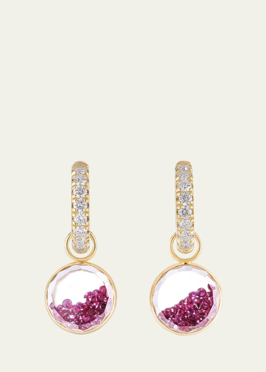 Image 1 of 1: 18K Yellow Gold Gala Shaker Huggie Hoop Earrings with Rubies, Diamonds and Kaleidoscope Shaker