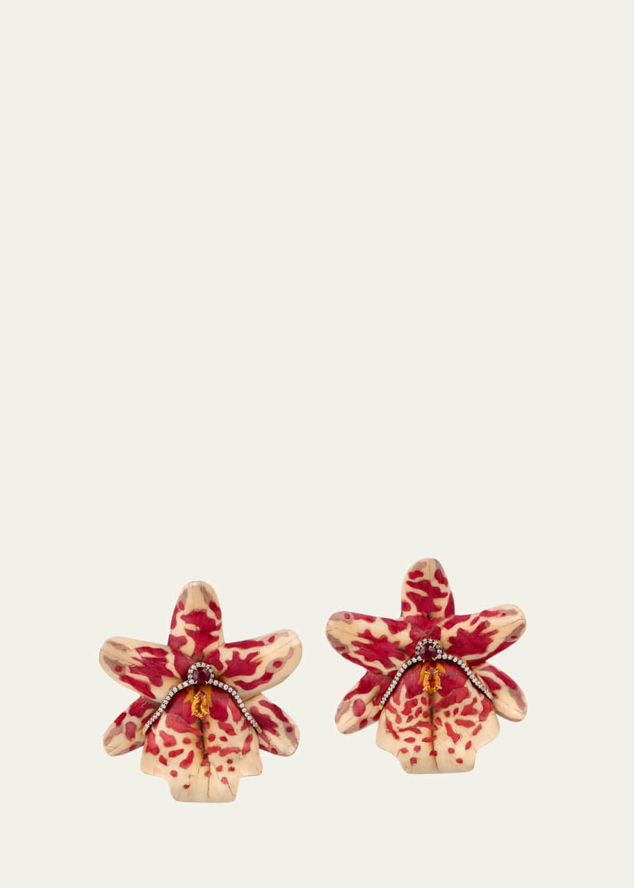 Image 1 of 1: 18K Yellow Gold Marquetry Orchid Earrings with Diamonds, Rubies and Citrine