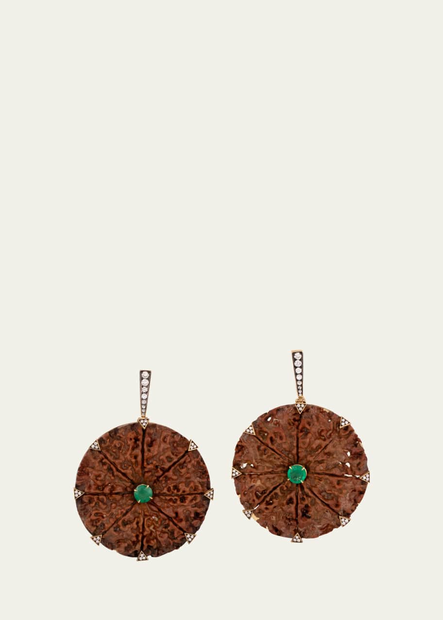 Image 1 of 1: 18K Yellow Gold Round Rudraksha Earrings with Emeralds and Diamonds