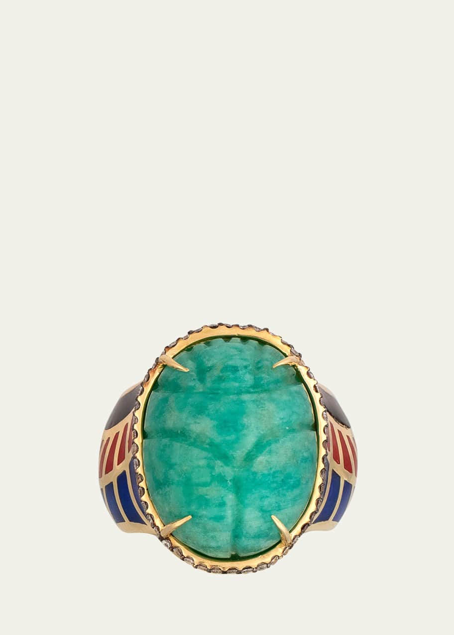 Image 1 of 1: 18K Yellow Gold Amazonite Scarab Ring with Black, Red and Blue Ceramic