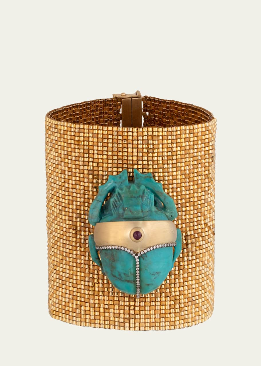 Image 1 of 1: 18K Yellow Gold Beaded Bracelet with Turquoise Scarab