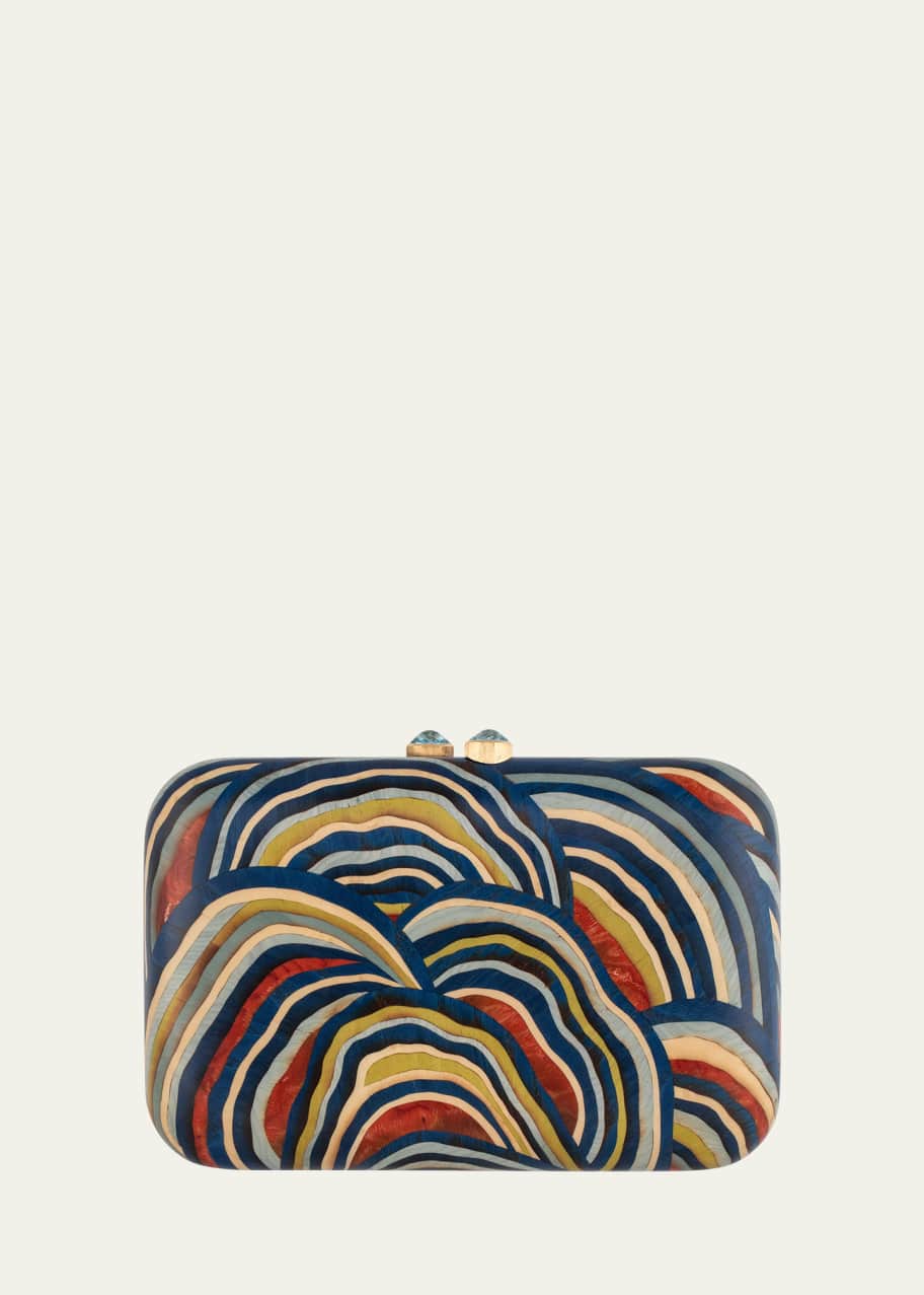 Image 1 of 1: 18K Yellow Gold Rectangular Marquetry Clutch with Blue Fungi Print and Sky Blue Topaz