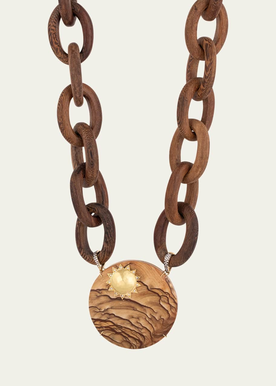 Image 1 of 1: 18K Yellow Gold Jasper on Wood Chain Necklace with Diamonds and Sun