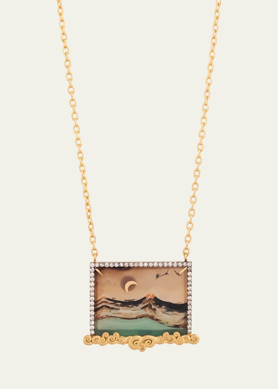Image 1 of 1: 18K Yellow Gold Agate Landscape Necklace with Moon and Cloud Detail