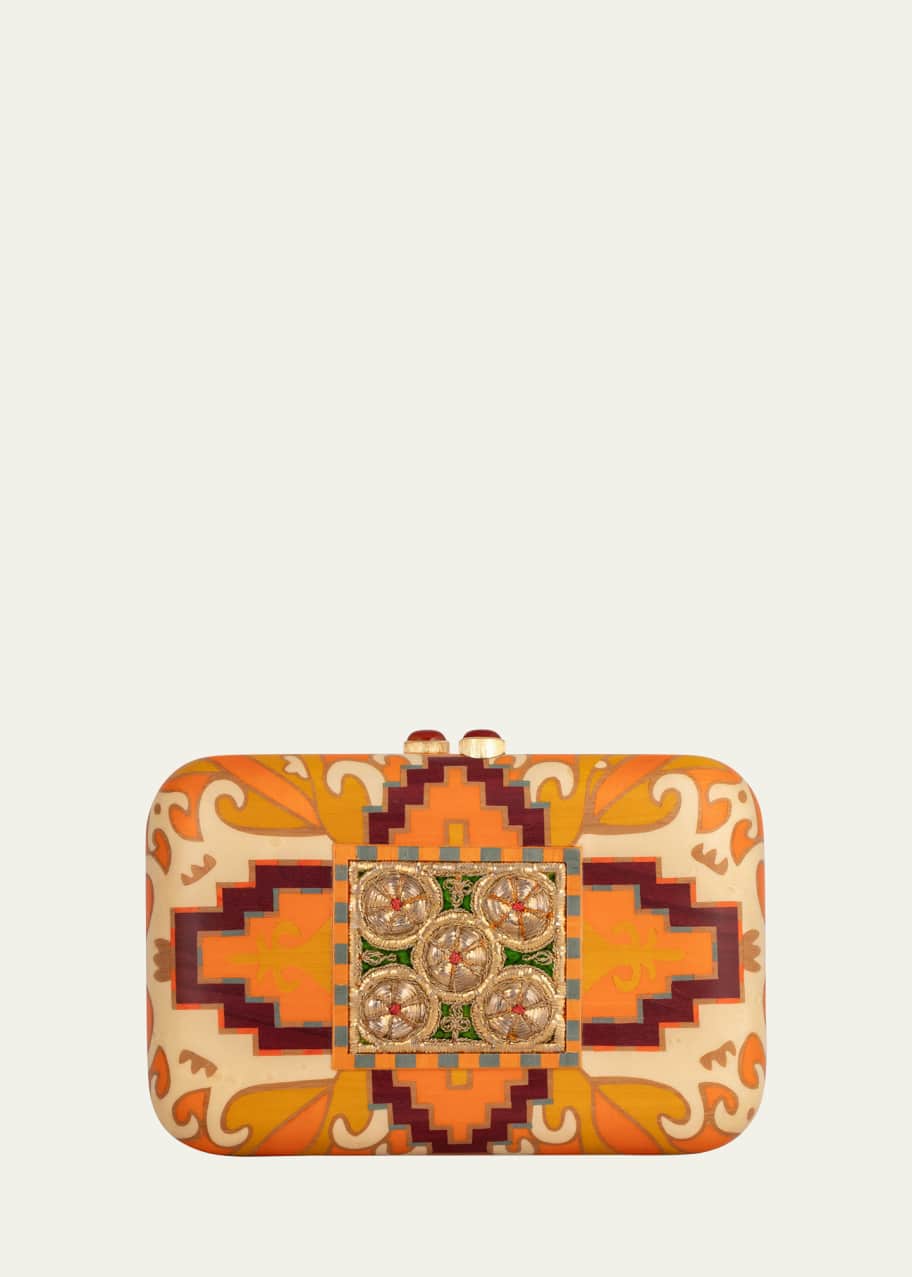 Image 1 of 1: 18K Yellow Gold Rectangular Marquetry Clutch with Ikat Print, Fabric Application and Red Agate