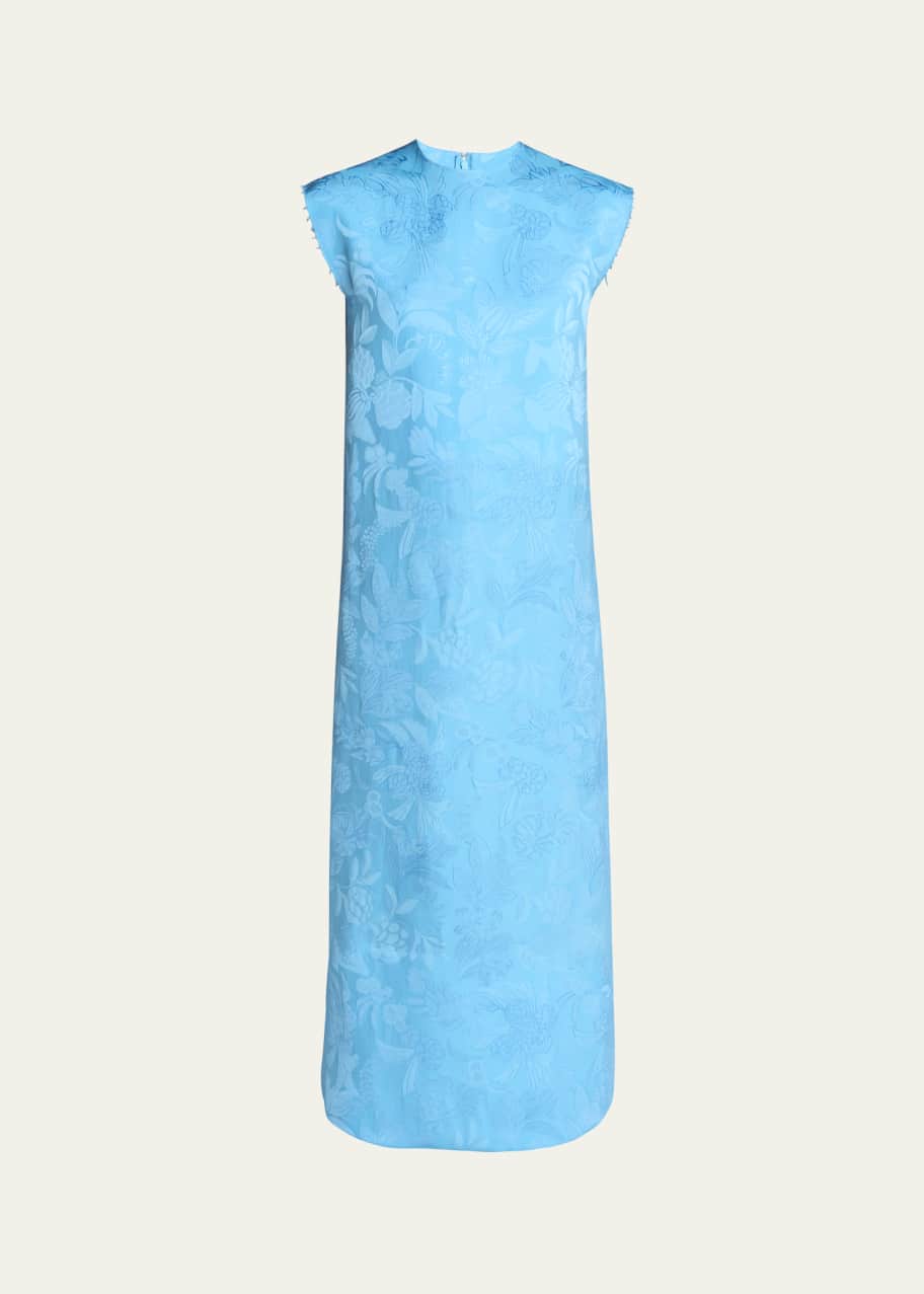 Image 1 of 1: Floral Satin Jacquard Sleeveless Ankle Dress