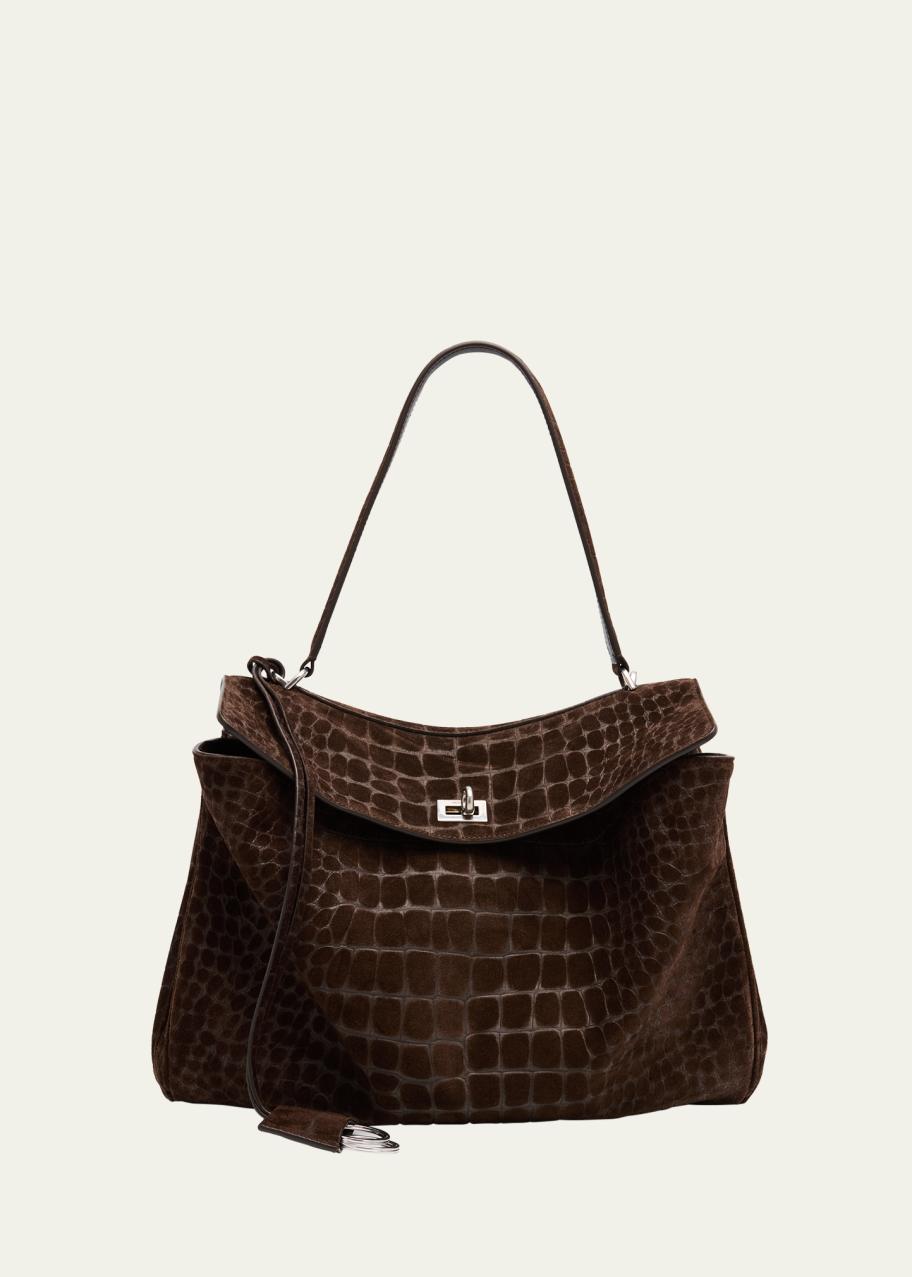 BALENCIAGA スエード調 巾着型 リュック 入手困難 Balenciaga Rodeo Medium Croc-Embossed Suede Top-Handle Bag