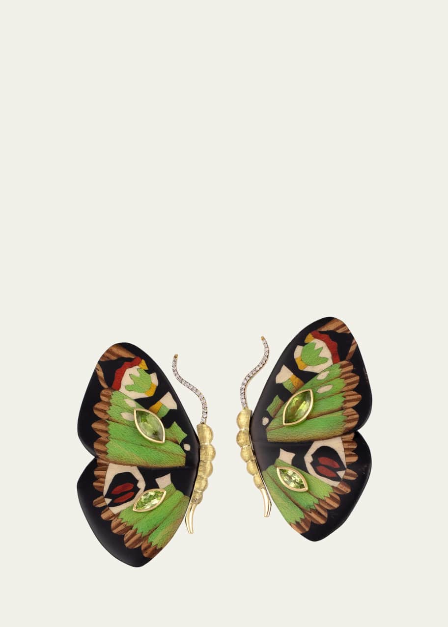 Image 1 of 1: 18K Yellow Gold Butterfly Wing Earrings with Green Pattern, Diamonds and Peridot