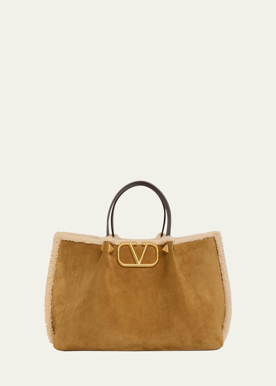 Valentino Garavani Medium Suede Shopping Bag with Shearling Lining
