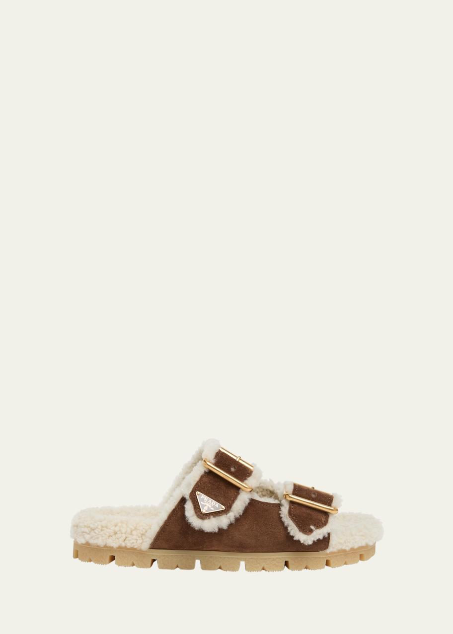 Prada Suede Shearling Lined Dual-Buckle Slide Sandals - Bergdorf