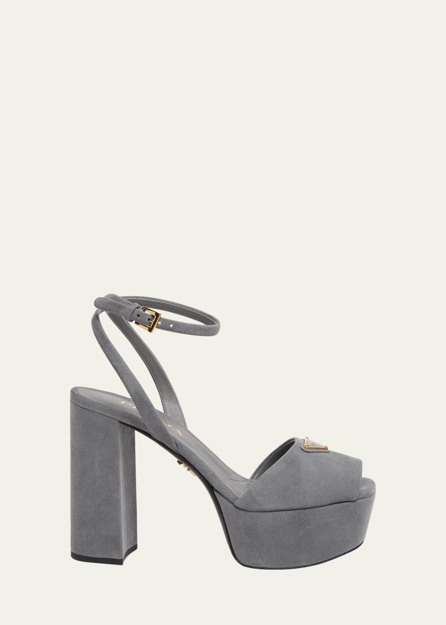PRADA 22ss デニム ショートパンツ 三角 ロゴ プレート 27 S Prada Triangle Logo Suede Ankle-Strap Platform Sandals - Bergdorf