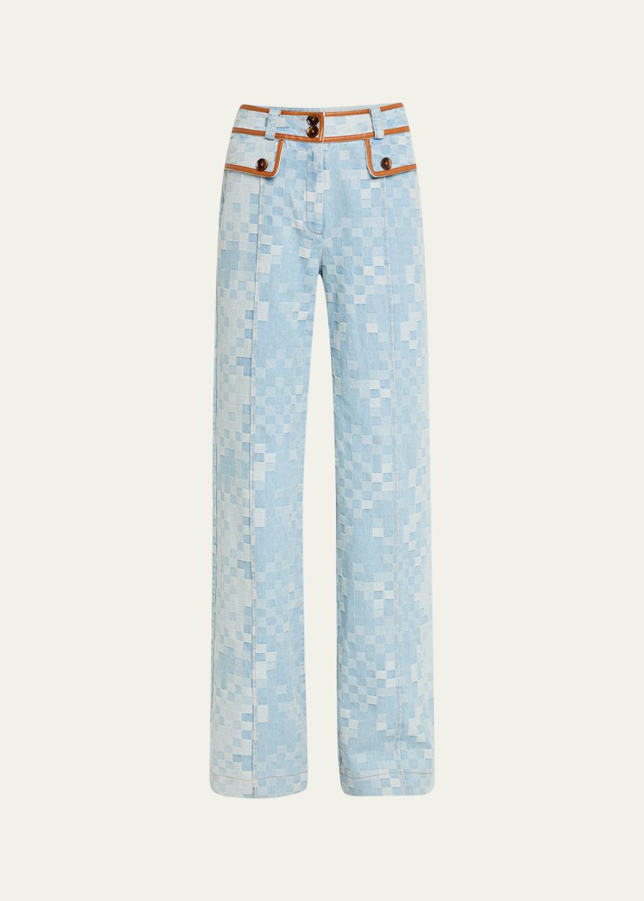 Ramy Brook Paula Checkered Denim Wide-Leg Pants - Bergdorf Goodman