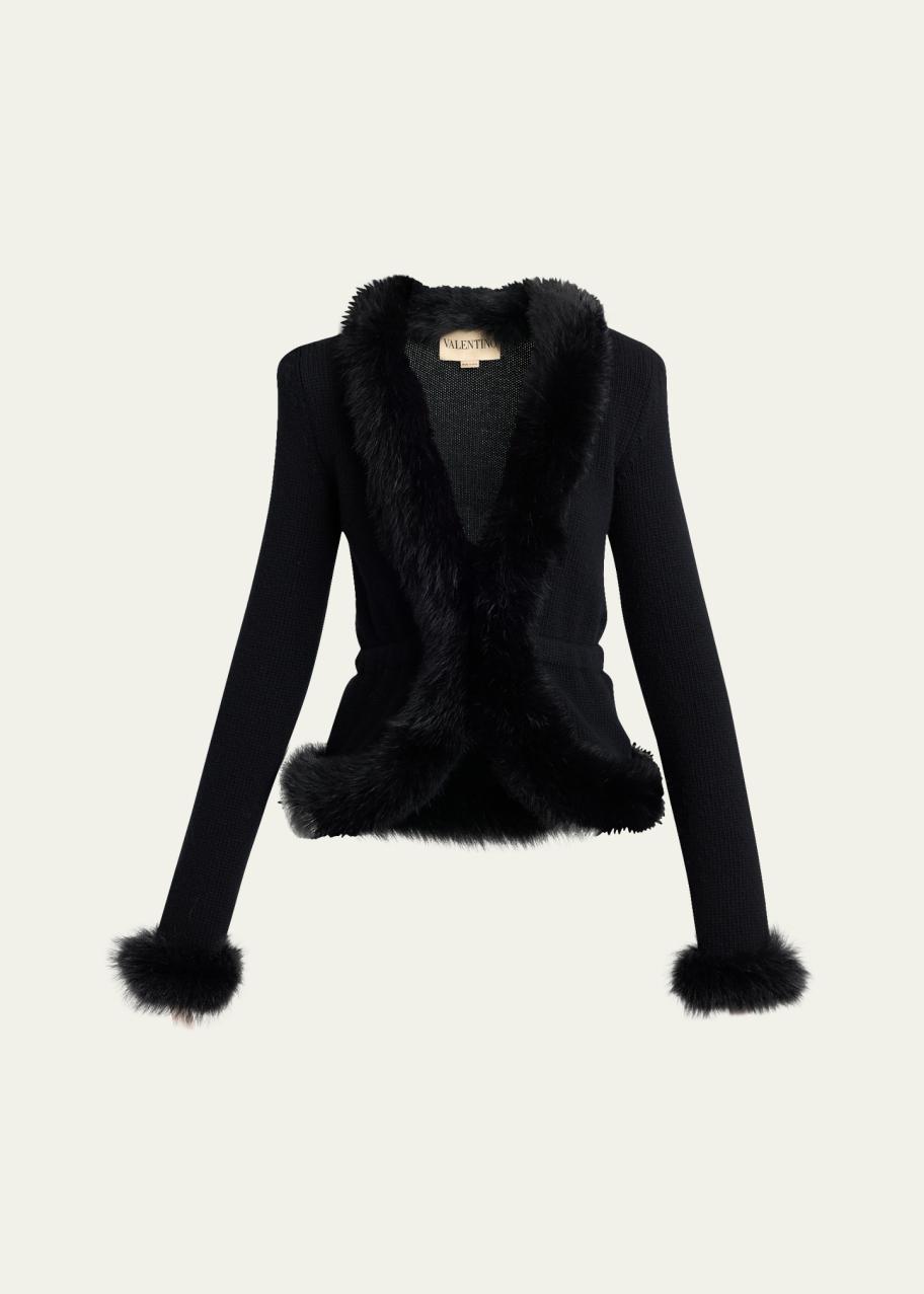 VALENTINO ブラックファーアウター Valentino Garavani Sheep Shearling-Trim Cashmere Knit Jacket