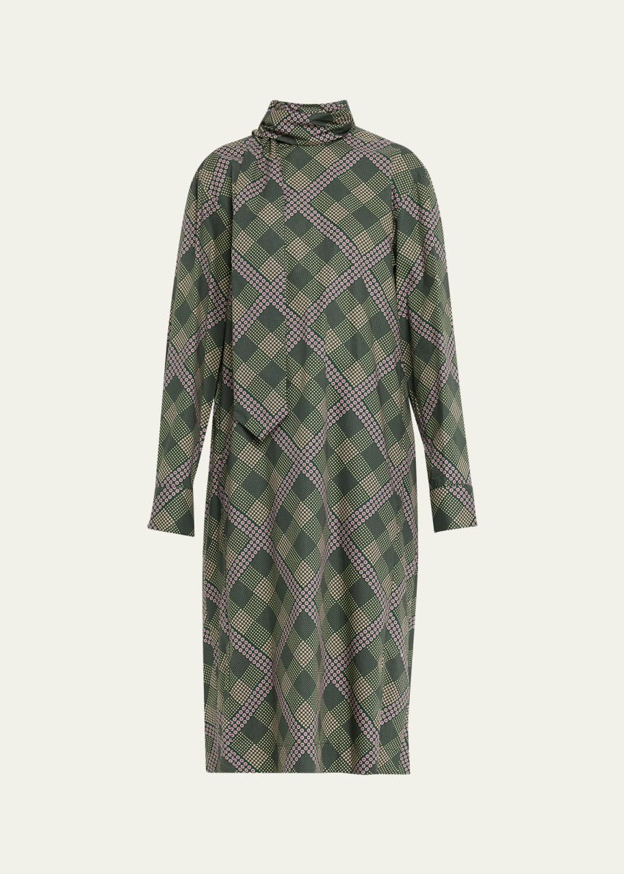 Dries Van Noten Doddy Scarf-Neck Check-Print Midi Dress - Bergdorf Goodman