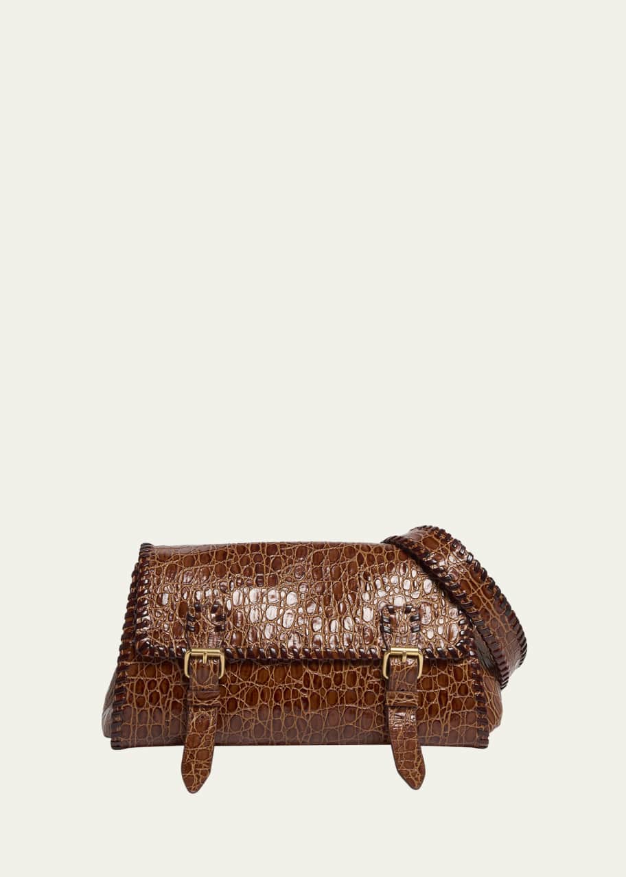 dries van noten ハラコ メッセンジャー バッグ Dries Van Noten Medium Double Buckle Croc-Embossed Messenger Bag