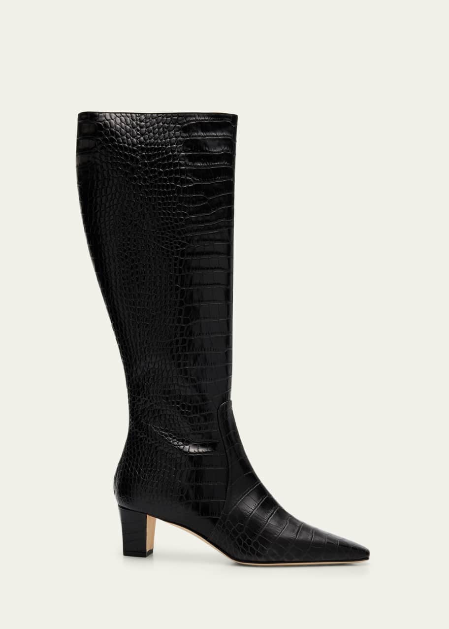 222○① MANOLO BLAHNIK 黒のレザーロングブーツ MANOLO BLAHNIK Penelope 50 croc-effect leather knee boots | NET-A