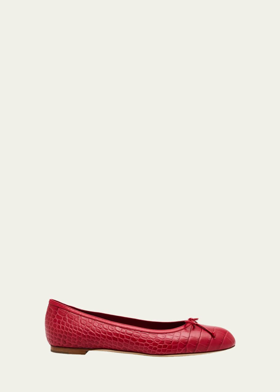 Manolo Blahnik Verallim Croc-Embossed Leather Ballerina Flats