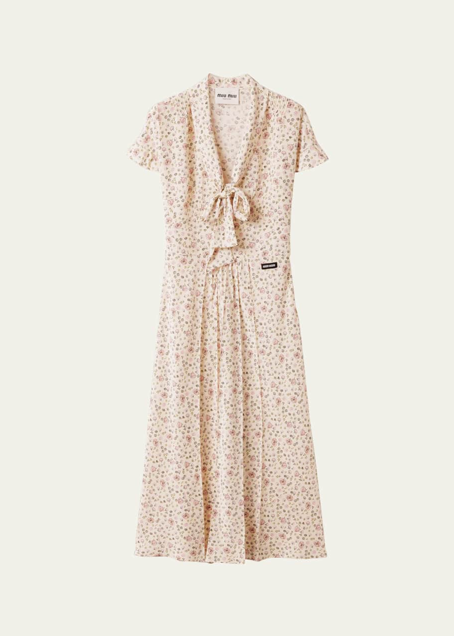 Image 1 of 1: Floral Neck-Tie Short-Sleeve Midi Dress