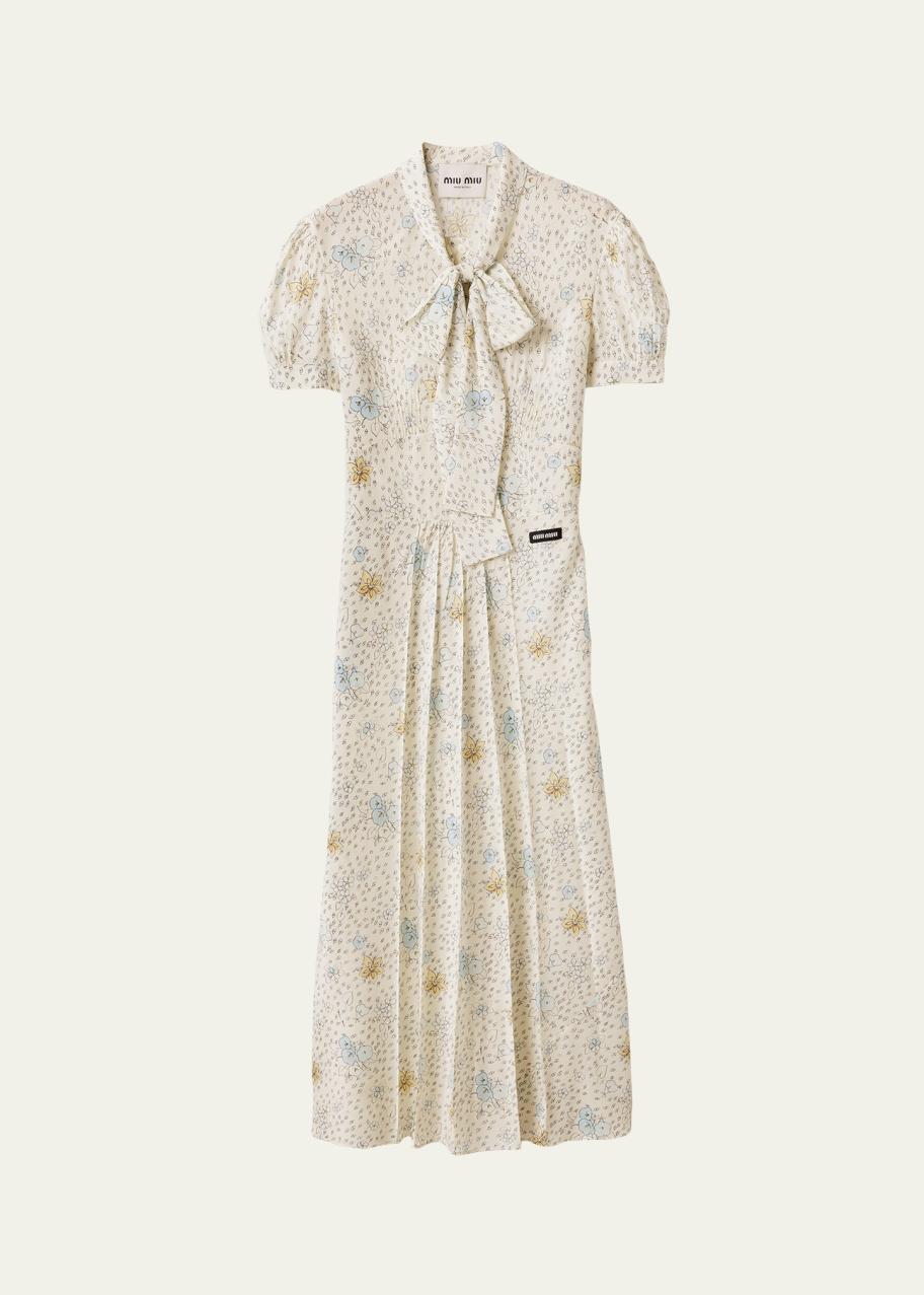 Miu Miu Floral Neck-Tie Short-Sleeve Midi Dress - Bergdorf Goodman