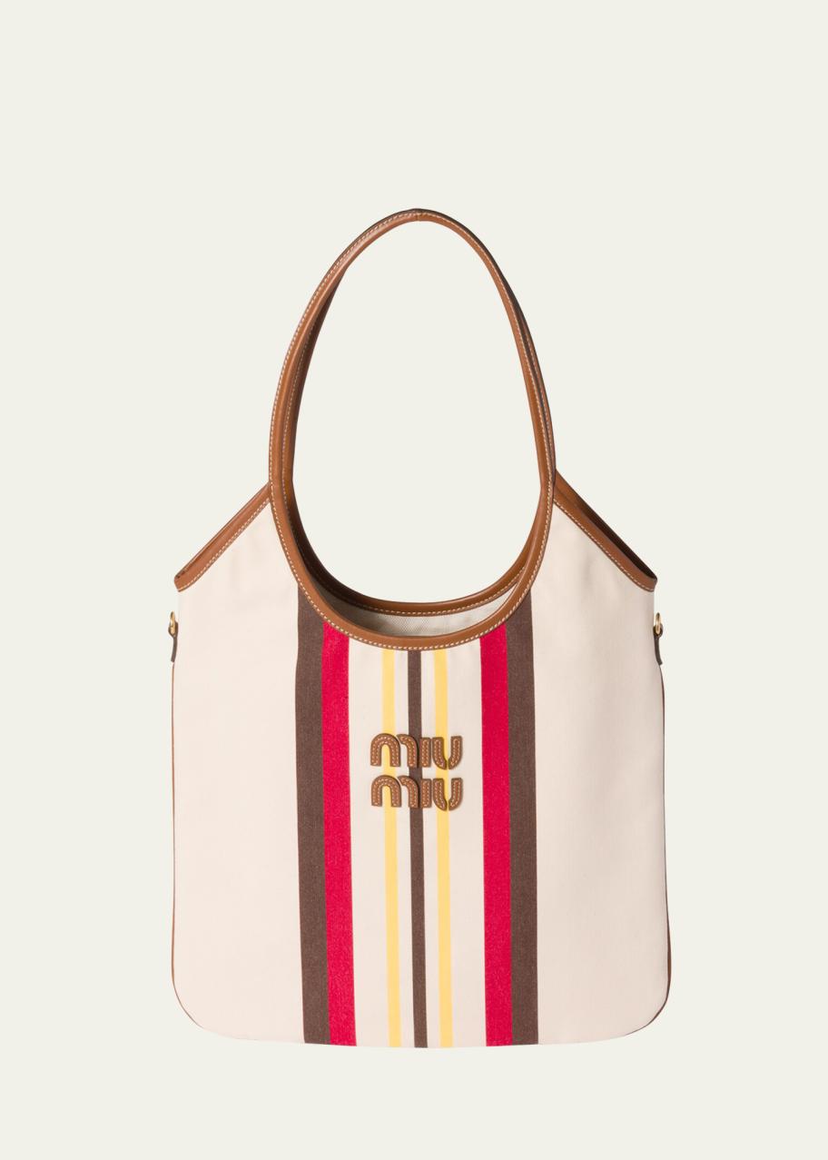 Miu Miu Ivy Striped Leather-Trim Canvas Tote Bag - Bergdorf Goodman