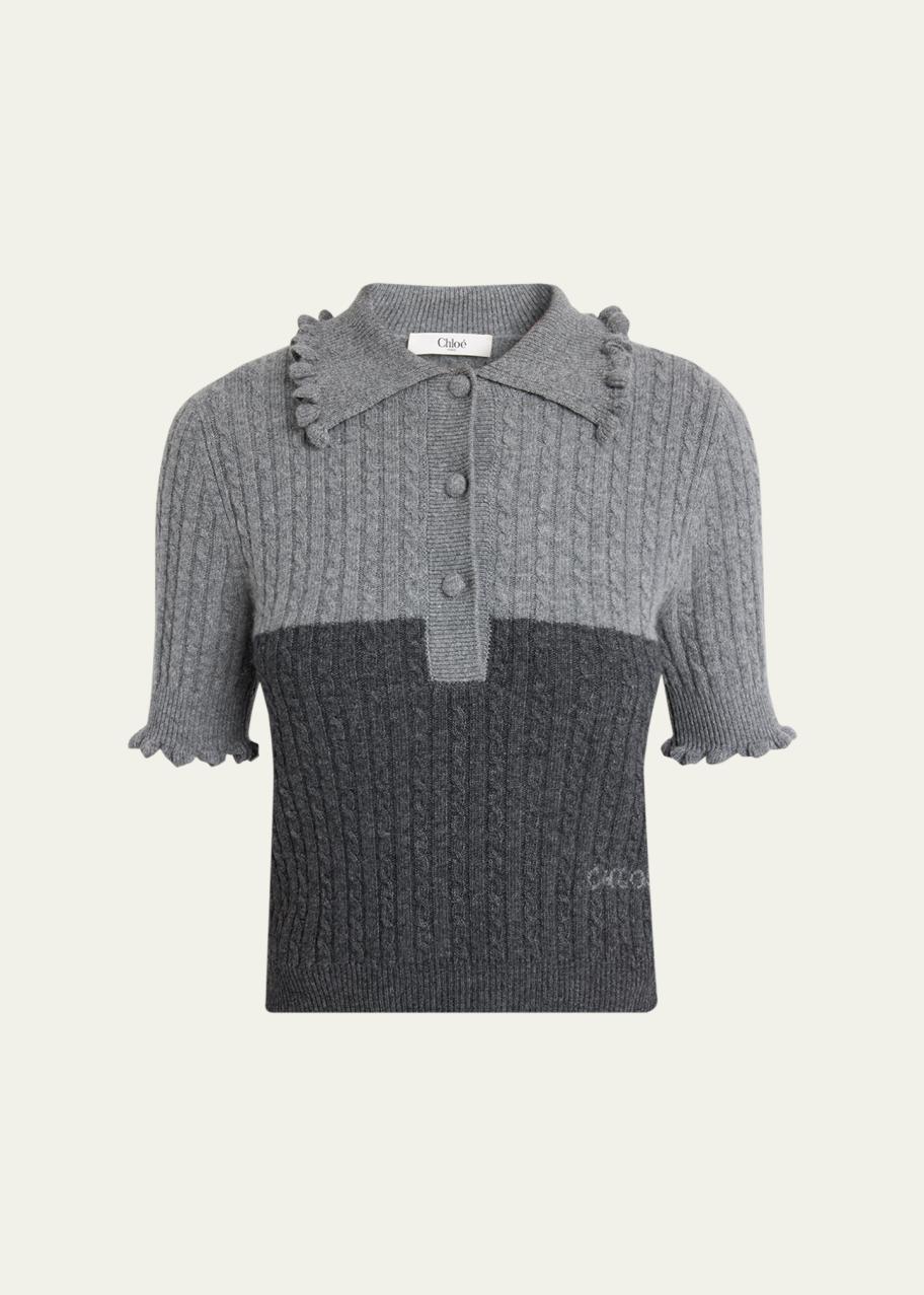 Chloe Bicolor Ruffle-Trim Short-Sleeve Polo Sweater - Bergdorf Goodman